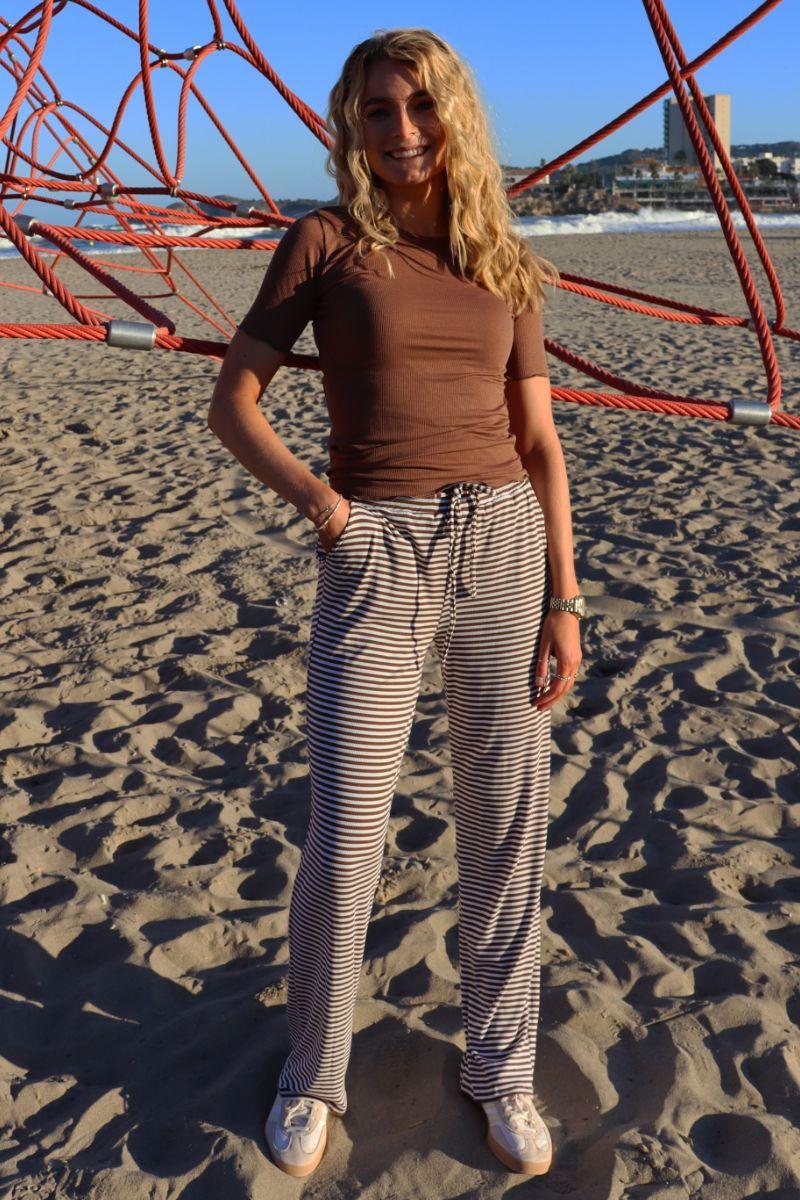 Natalia Straight Pants | Brown Creme Stripe | Bukser fra Liberté