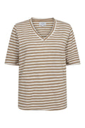 Ulla SS Vneck Stripe T-Shirt | Hellbraun Weiß Streifen