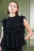 Ärmellose Bluse mit Volant | Schwarz